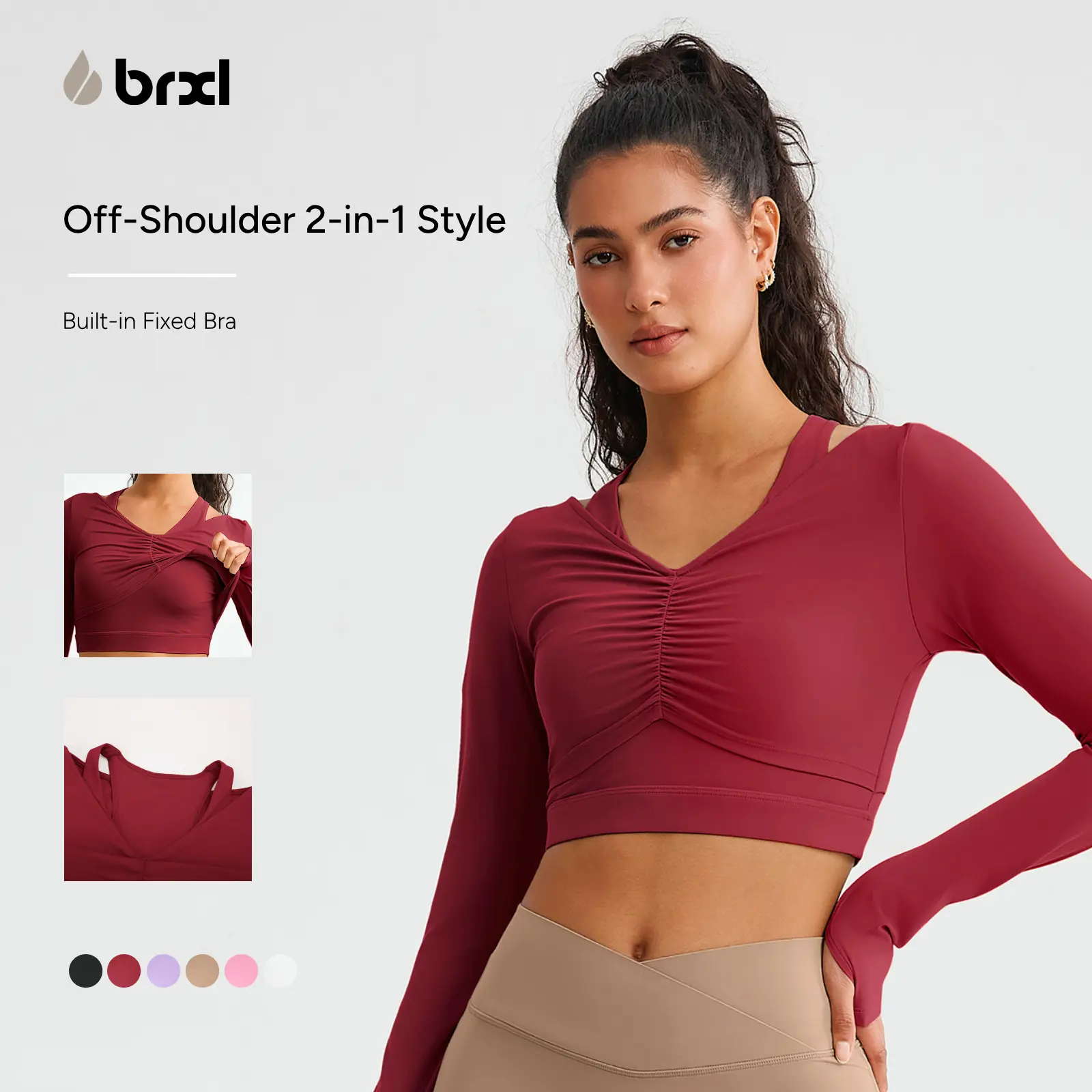 BRXL Female 2-in-1 Long Sleeve Compression Yoga Top - Crew Neck, Built-in Fixed Bra, Thumbholes, Layered Activewear Fitness Shirt, Casual Workout Tops for Gym, Running (Fitness Apparel)