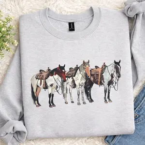 Retro Western Saddled Horses Sweater - Vintage Equestrian Graphic Pullover - High Quality Country Style Sweatshirt - Perfect Western Aesthetic Gift