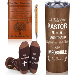 Skylety 4 Pcs Pastor Appreciation Gifts Set Pastor Refillable Journal Ordained Minister 20 oz Stainless Steel Cup Priest Socks Clergy Pen for Christmas Church Birthday Gifts