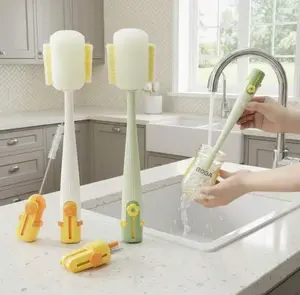 3-in-1 Cute Flower Water Bottle Cleaning Brush Set, Long Handle Sponge Cup Brush with Detachable Straw & Nipple Cleaner, Multipurpose Kitchen Brush for Baby Bottles, Mugs, Jars, Glassware