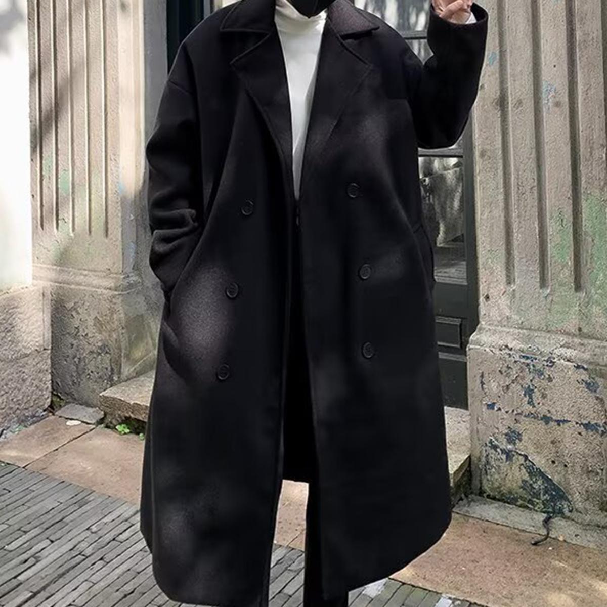 Men's Solid Button Front Lapel Neck Midi Coat, Regular Fit Casual Long Sleeve Outerwear for Fall & Winter, Men's Clothes for Daily Wear, Menswear, Jackets, Tops, Trench, Gamis, Plain