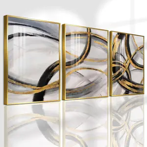 3 Count Aluminum Alloy Frame Canvas， Gold And Black Abstract Geometric Circles Fashion Poster， Modern Living Room Decoration， Light Luxury Family Art， Suitable For Bedroom， Corridor And Office Wall Decor， Gift