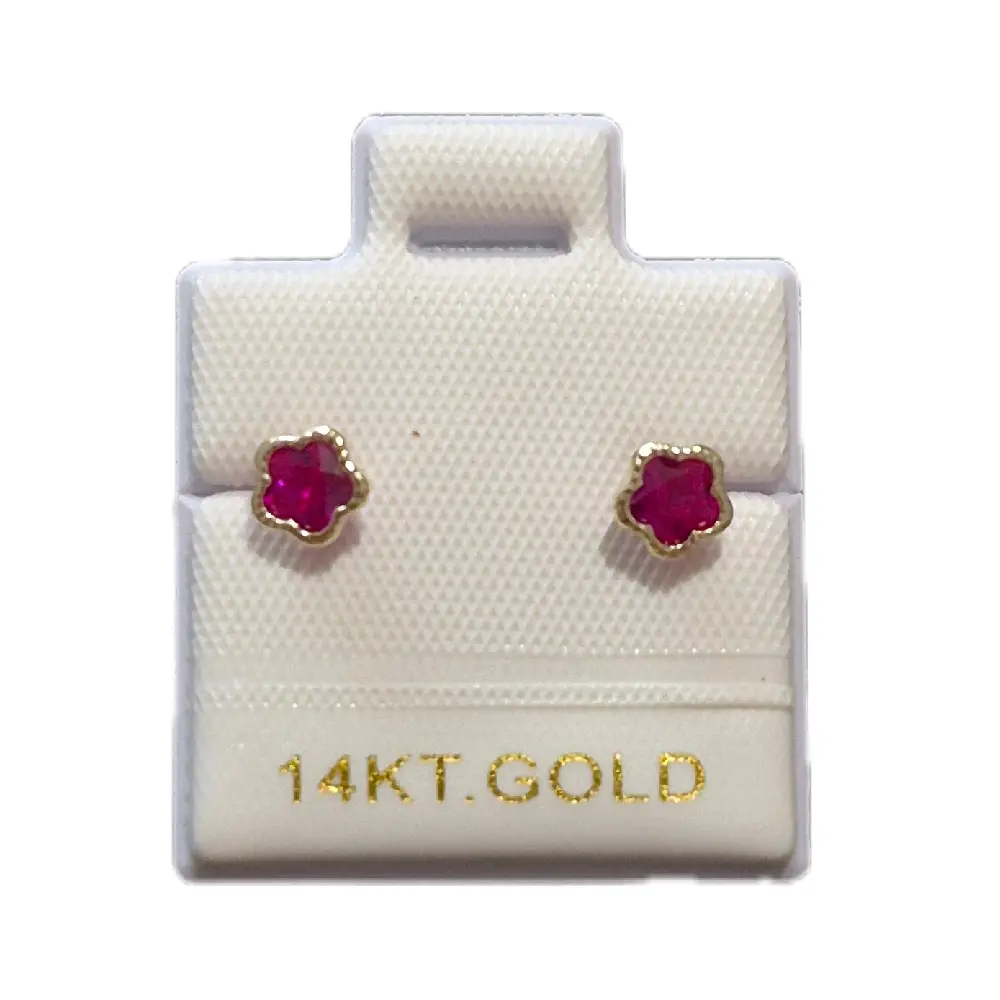 14K Real Gold 4mm Red Flower Biselado Stud Earrings for Kids & Adults