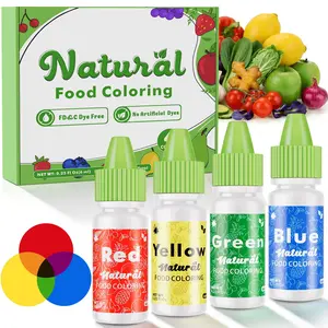 4 Natural Liquid Food Coloring 0.25 Fl Oz (6ml) /bottle, FD&C Free ，Dye Free Plant Based Food Coloring, Vegan Food Coloring for Cake, Frosting, Fondant & Easter Egg Decorating Baking