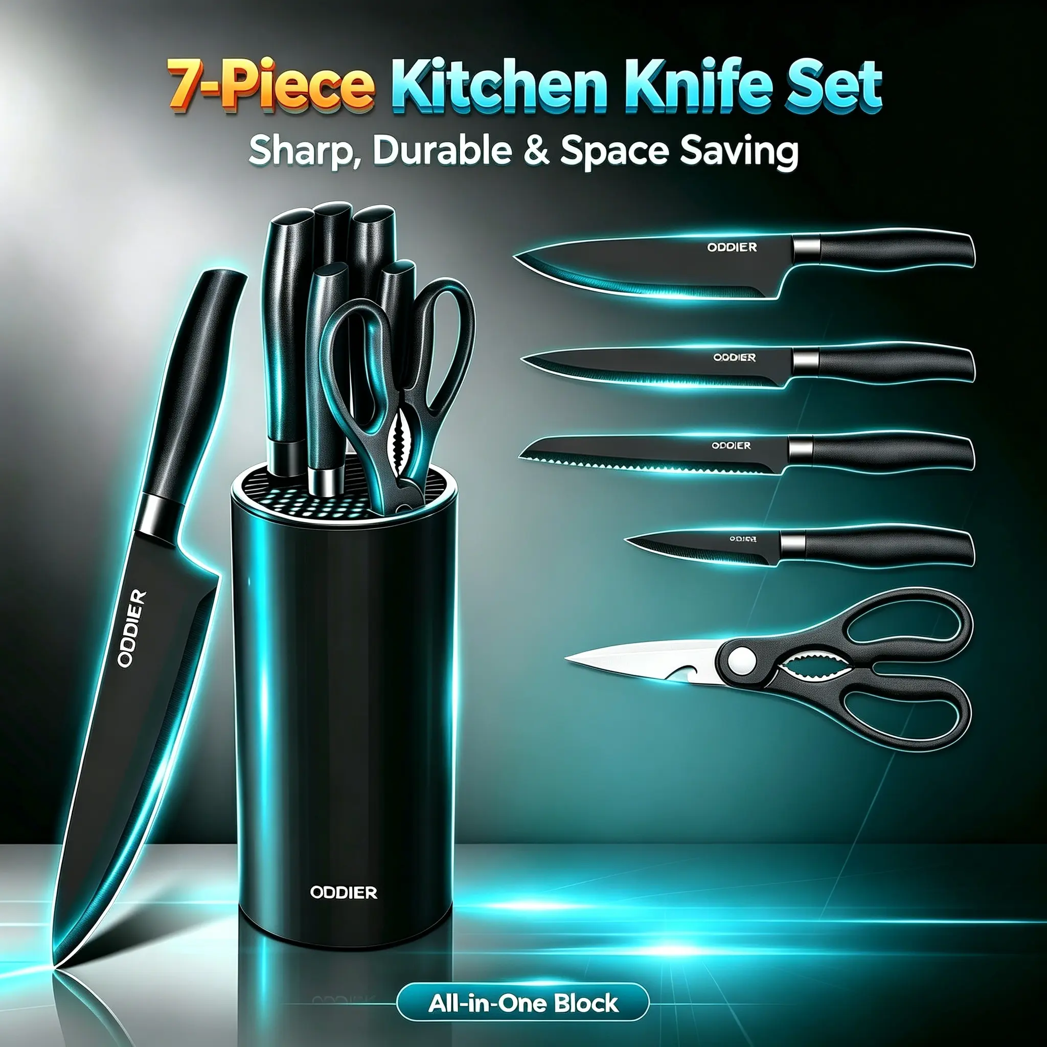 7 Piece Kitchen Knife Set with Universal Knife Holder, Ultra Sharp Non-Stick Rust Proof Stainless Steel Chef Bread Slicing Paring Utility Knives & Multi-Purpose Kitchen Scissors, Space Saving Easy Clean Knife Block for Home Cooking