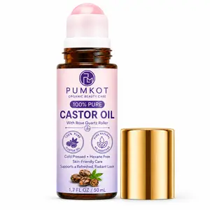 Castor Oil Roll On with Rose Quartz Roller, 100% Pure Cold Pressed Oil for Skin Brows Lashes Scalp Face and Body, Moisturizing Massage Oil for Dry Normal Oily Combination Skin, 1.7 fl oz