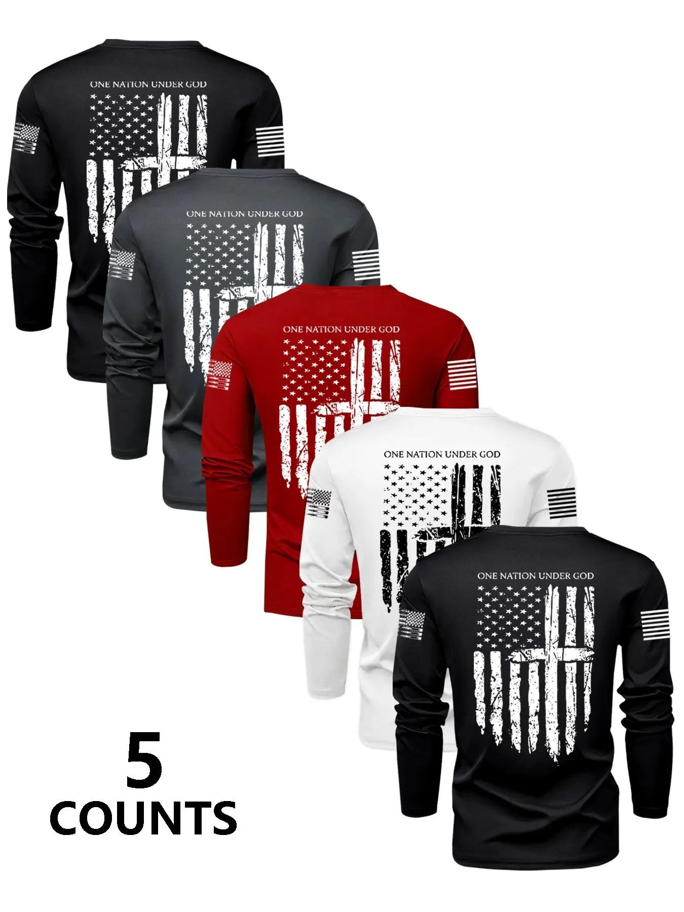 Men's 5-Piece Round Neck Flag Print Long Sleeve T-Shirt Set, Casual Letters Print, Casual Fit Comfy Comfortable Breathable Fabric, Spring & Fall Fashion, Casual Fashion Wear