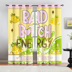 BAD Bitch Tropical Treat Pineapple Lemon Curtains,Thermal Insulated Blackout Window Drapes,Cute Yellow Green Print Curtain Panels,Light Blocking Noise Reducing Privacy Decor Curtains,Easy Install Fashion Window Drapes for Bedroom Dorm Vanity Room