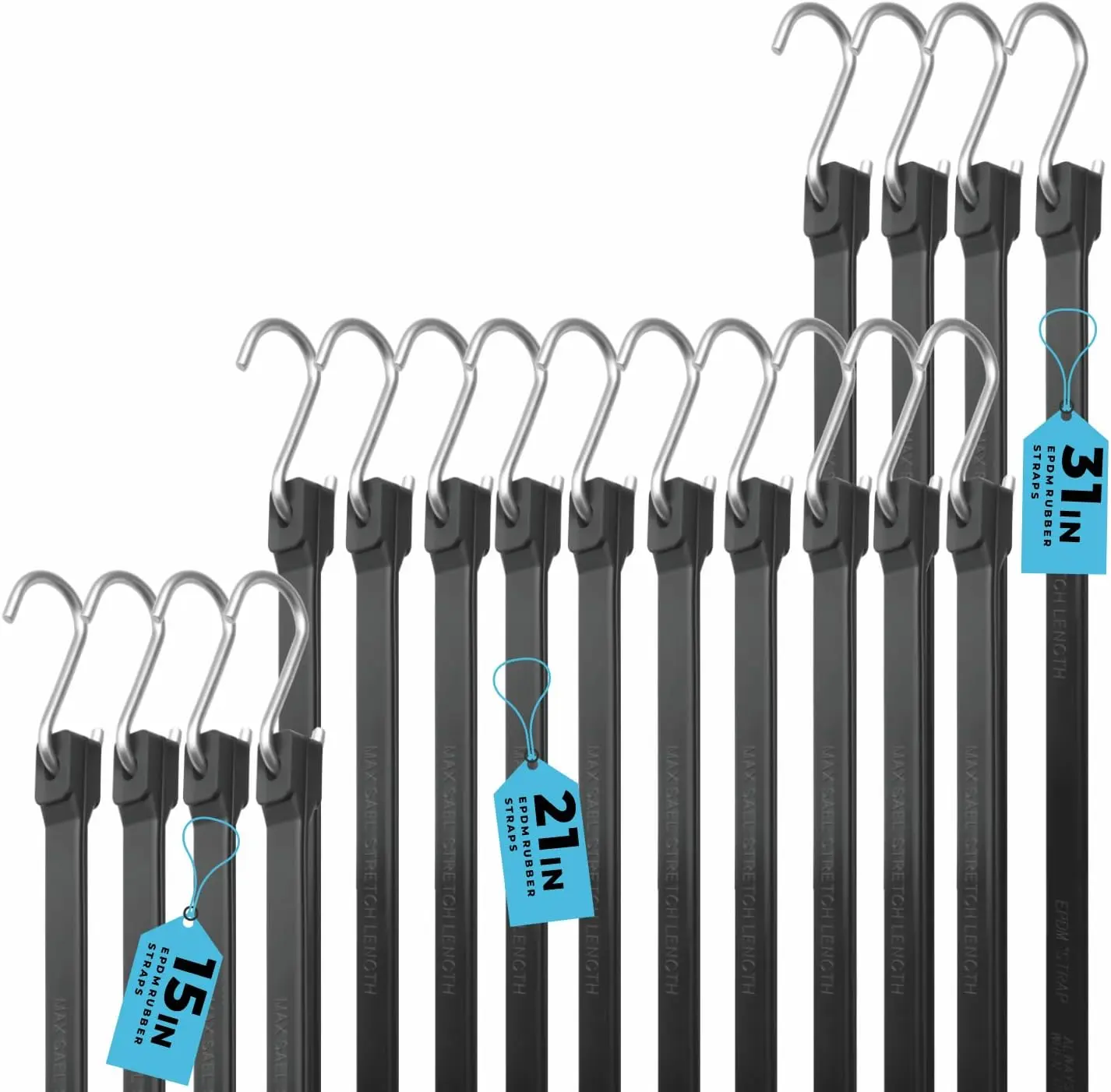 Heavy Duty Synthetic Rubber Tarp Bungee Straps with S Hooks - 15 in Multi-Size Set (20 Pack), Weatherproof Indoor/Outdoor Tie Down Cords for Pickup Trucks Tarps Securing, Zinc