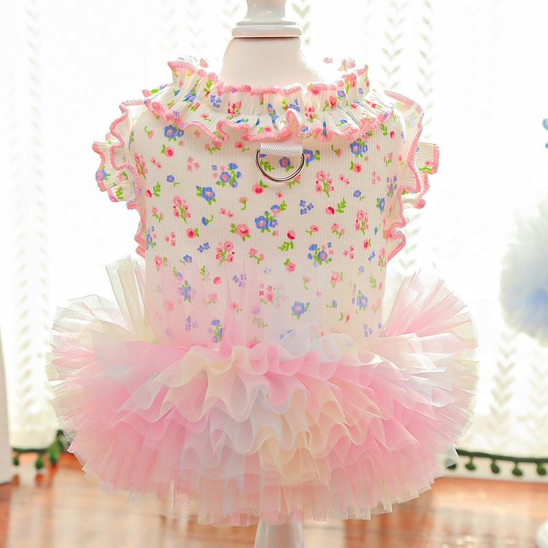 Pet Clothes Dog Cat Princess Mesh Dress Floral print Lace sleeveless Cute Breathable With Leash Ring D00048