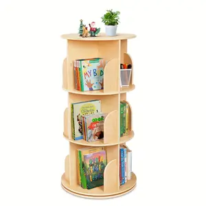 Kids Rotating Bookshelf Tower with 360° Spin, Large Floor-Standing Bookcase with Corner Shelf for Nursery, Room, Small Spaces - Easy Assembly, Wood Color, Plywood/Pine/MDF, - Rounded Edges