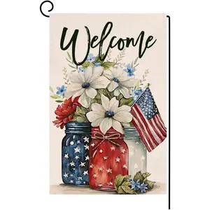 Patriotic Mason Jar Welcome Garden Flag,  Floral Yard Decor, Double-Sided 12x18 Inch Outdoor Flag