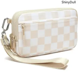 Women’s Nylon Quilted Wristlet Wallet – 4 Zippers Travel Card & Phone Organizer with Checkered Strap
