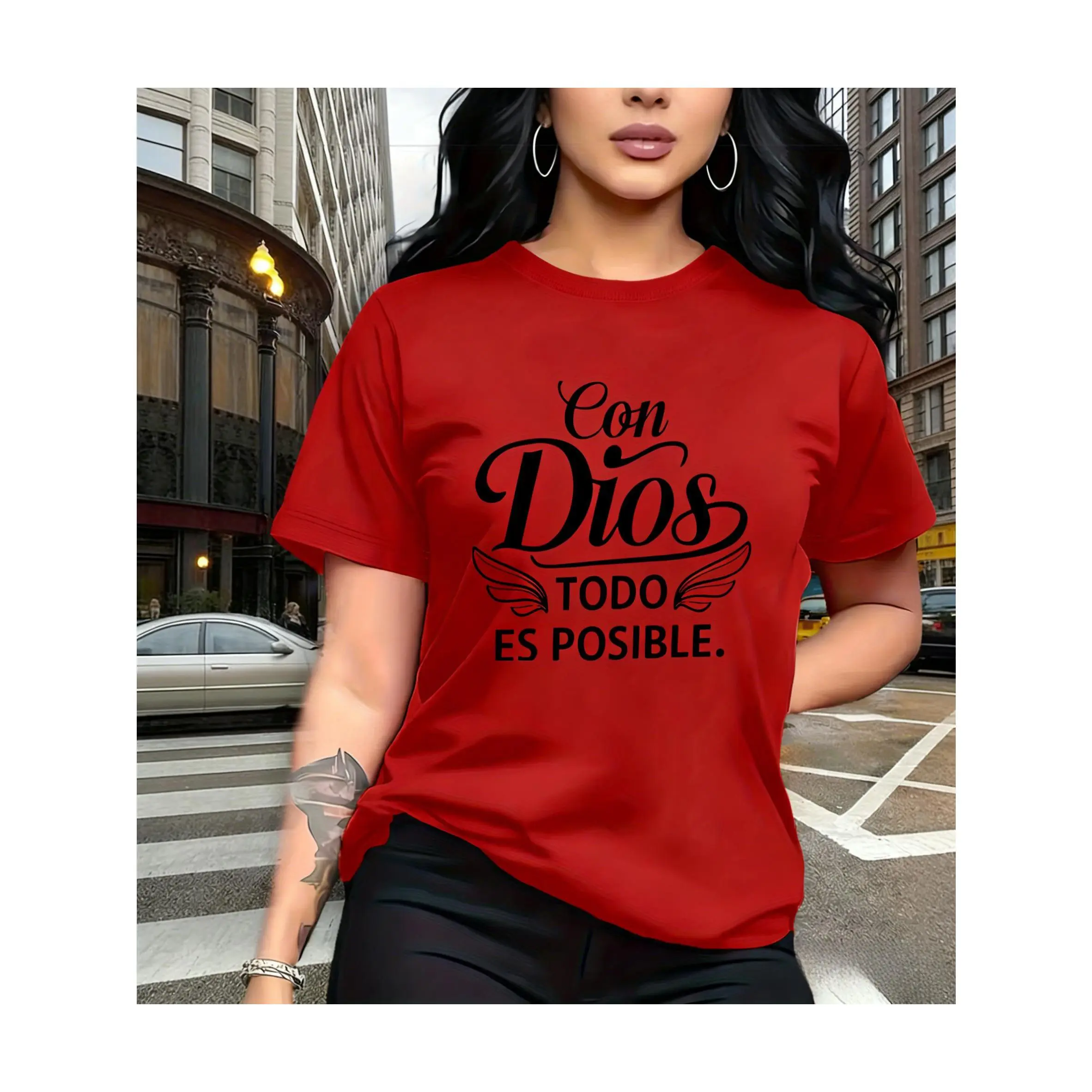 Women's Christian Short-Sleeve Oversized Basic T-Shirt - 100% Smooth Cotton Casual Top with "Con Dios Todo Es Posible" Spanish Faith Graphic