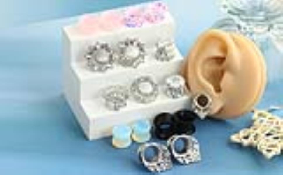 FBYJS 8 Pairs Stainless steel Ear Tunnels Earrings Silicone Gauges Plugs For Ear Brass Hollow Plugs and Tunnels Glass Piercings Stretcher Kit 2g 00g 5/8