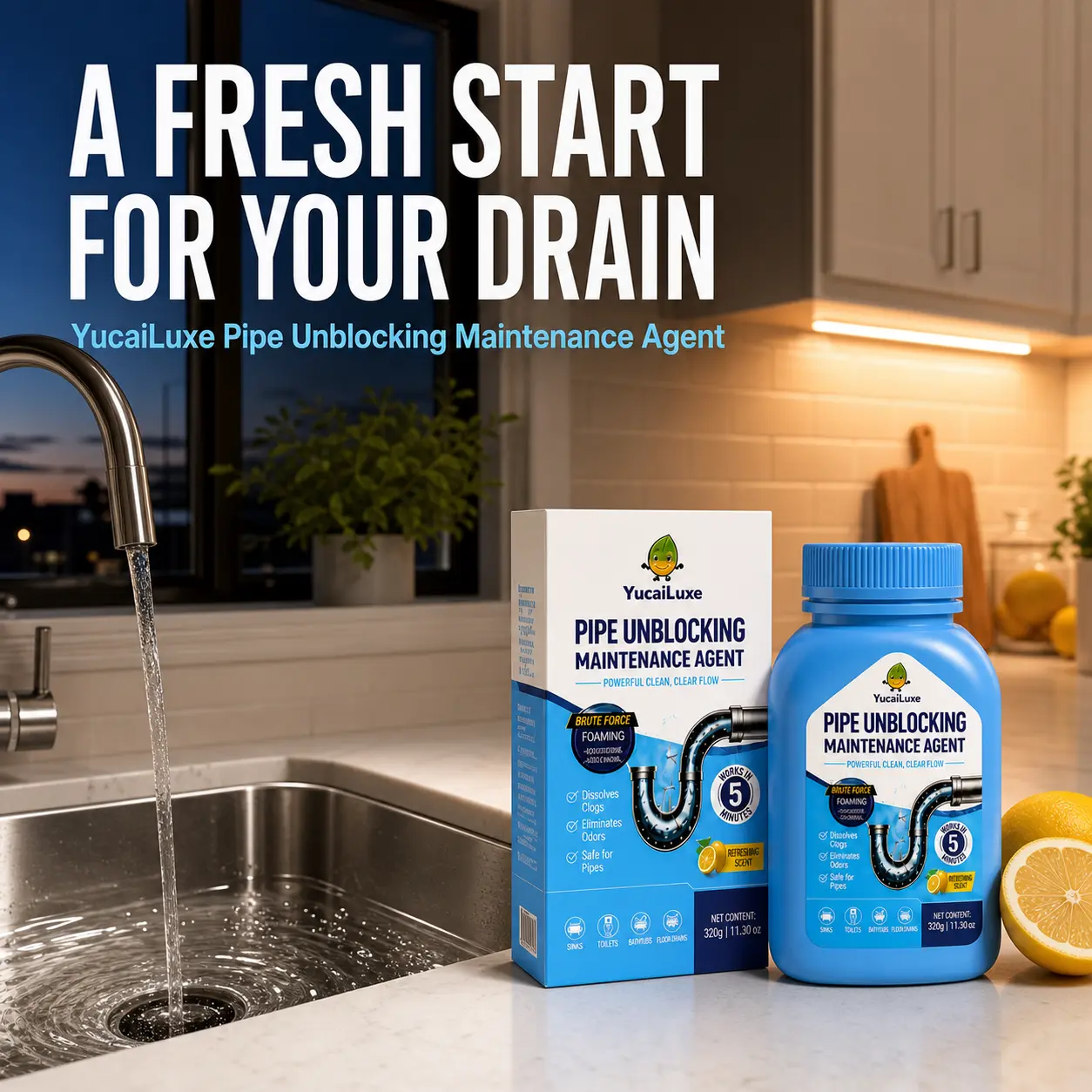 YucaiLuxe Foaming Drain Cleaner, Pipe Unblocking Maintenance Agent for Organic Clogs & Odors, Fresh Lemon Scent, 11.3 oz