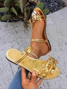 Women's Flat Slide Sandals with Butterfly Design, Casual Beach Flip Flops with Silver Color Straps, Stylish Summer Footwear, Footwear for Beach
