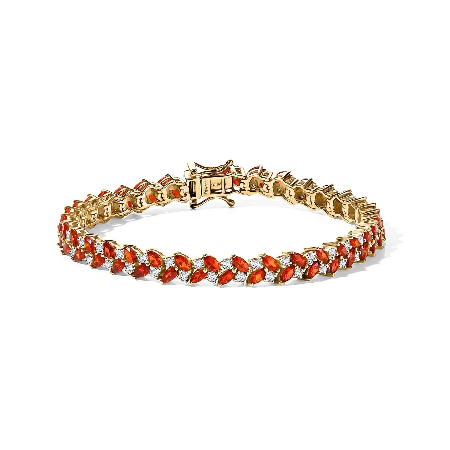D'Joy Mexican Cherry Fire Opal, Moissanite Golden Sunset Bracelet in 18K Vermeil Yellow Gold Over Sterling Silver (7.25 In) 5.85 ctw