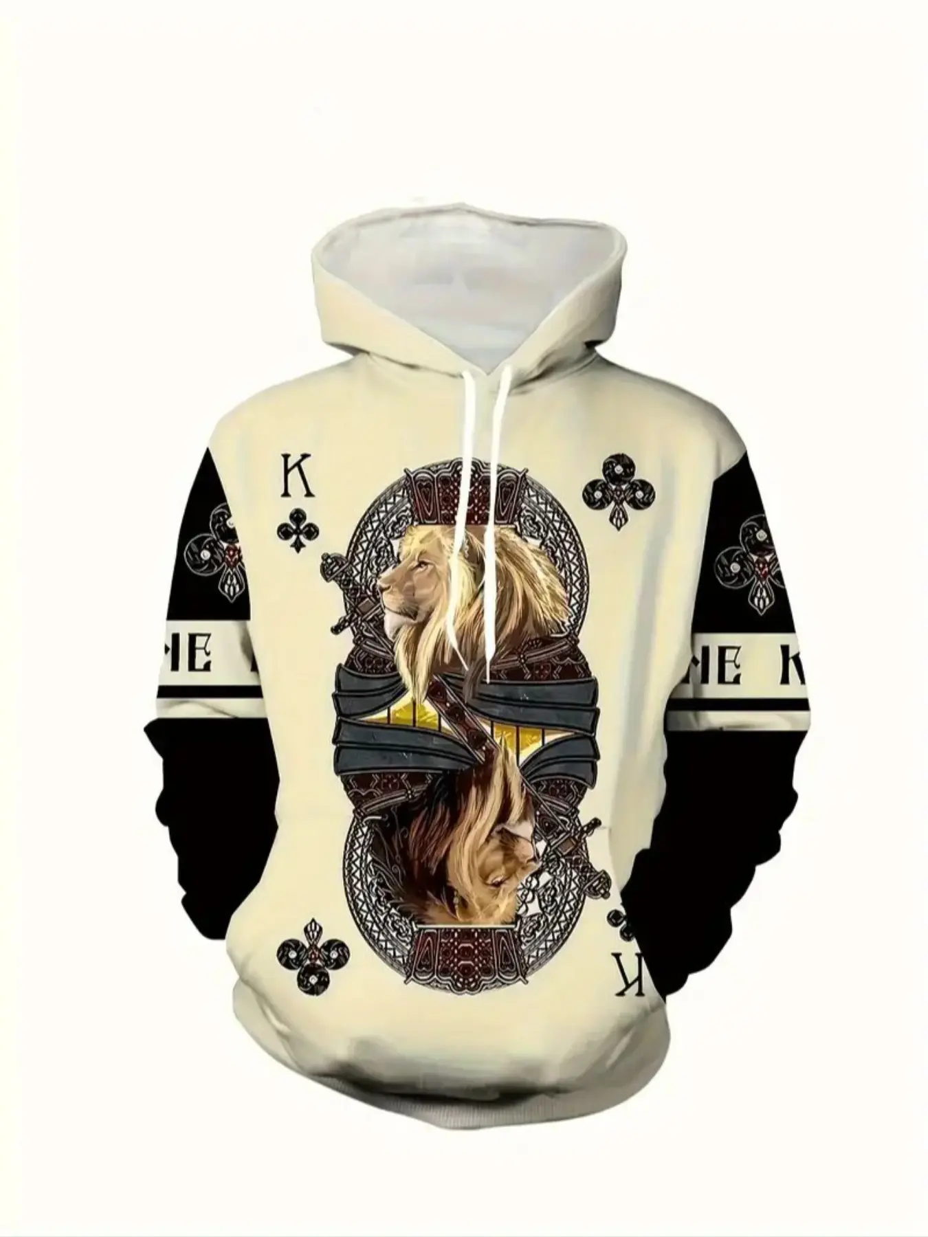 Men's 3D Printed Hoodie, Fashion Graphic Hooded Sweatshirt with Gold Crown Lion Design, Casual Streetwear for Fall Winter