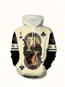 Men's 3D Printed Hoodie, Fashion Graphic Hooded Sweatshirt with Gold Crown Lion Design, Casual Streetwear for Fall Winter