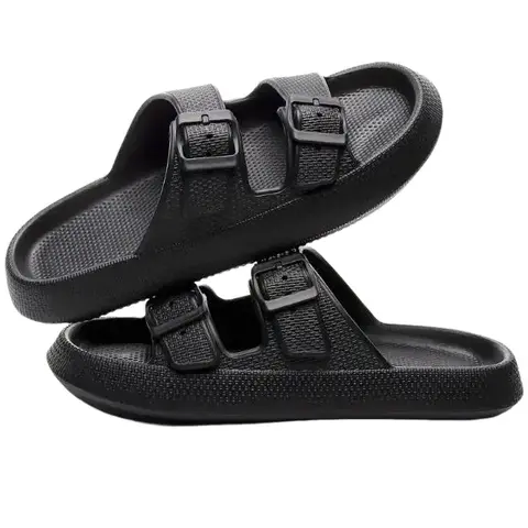Women's EVA Soft Cushioned Sliders Shoes - Adjustable Straps Customfit Buckles, Non-Slip Lightweight Flat Sole, Plain Color Lightweight Breathable Slides for Home, Shower Slippers, Anti-Slip Women's Fashion Slippers