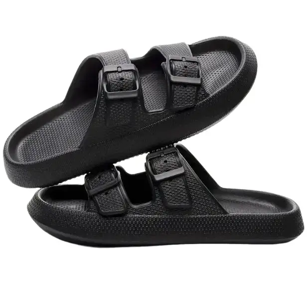 Women's EVA Soft Cushioned 2 Strap Fashion Slippers - Double Buckle Adjustable Cloud Casual Slides, Non Slip Lightweight Flat Sole Indoor Outdoor Footwear for Girls, Active Black Decor Shoes, Girl, Soft Cushioned Slippers, 2 Strap Women's Fashion Slippers