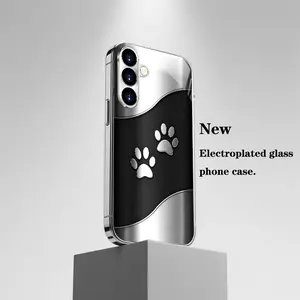 Phone Case: Black and Silvery Cute Paw Print Curved Pattern Silvery Electroplated Glass Phone Case, Suitable for Samsung Galaxy S25/S24/S23/S22/S21/S20/Note
