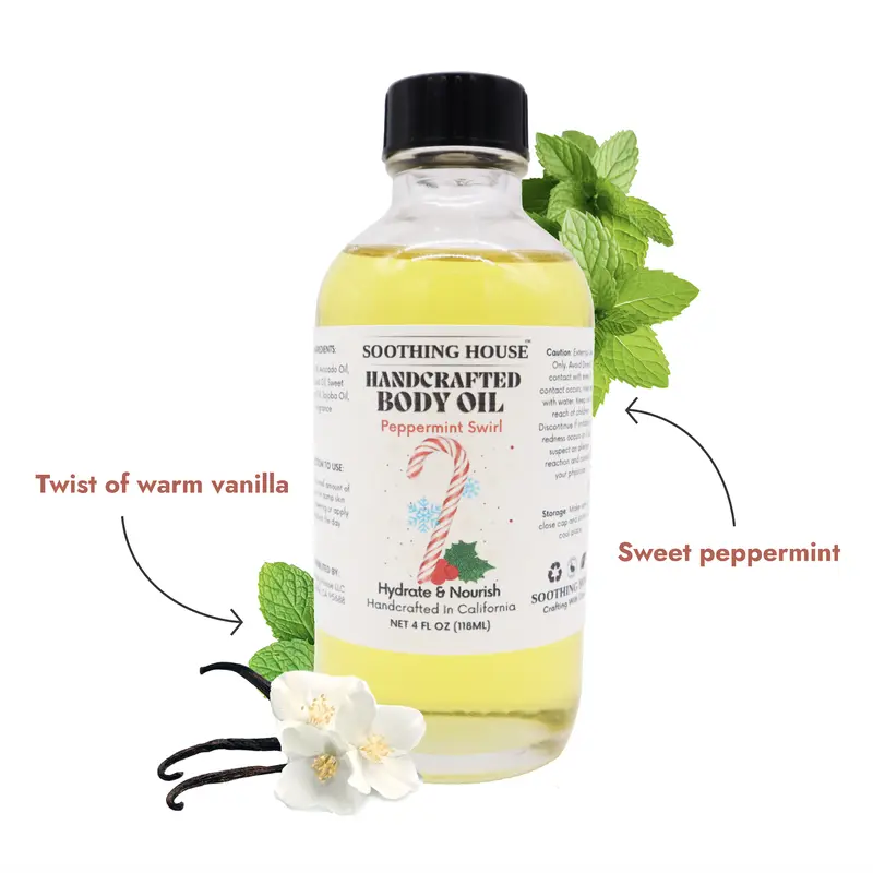 Handcrafted Peppermint Swirl Body Oil - Cosmetic Blend for Evening Moisturizing, Silky, Glistening Skin with Aroma (Silky Skin Moisturizer Alternative)
