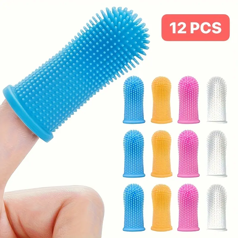 [Soft Pet Toothbrush] 12-pack Super Soft Silicone Toothbrush - 360 °   Cleaning Pet Teeth, Dog Teeth Cleaning Oral Care, Suitable For Small And Large Pets, Pet Finger Laundry Set Blue Yellow Pink White