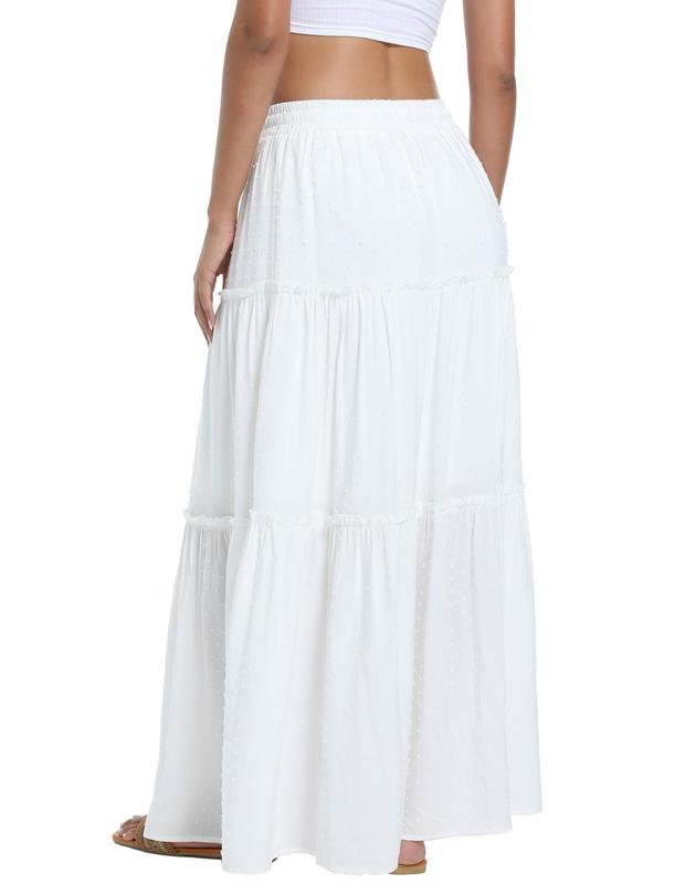 White Maxi Skirt for Women Casual Elastic Waist A-Line Summer Boho Beach Long Skirts