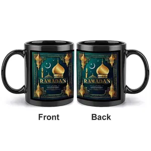 1pc 11oz black ceramic mug with Arabic-style mosque pattern and "RAMADAN" text, printed design, suitable for Ramadan festival home, office and beverage cup.