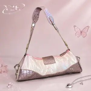 2026 New Y2K Lace & Croc-Effect Shoulder Bag, Holographic Print Underarm & Crossbody Purse, Vintage-Inspired Pink Tote for Women mulberry