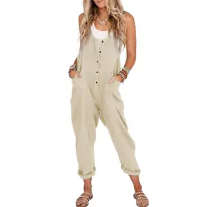 UANEO Women's Overalls Linen Cotton Jumpsuits Casual Loose Jumpers Adjustable Straps with Pockets Spring Summer Womenswear