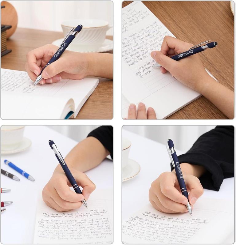 12 Pack Fine Point Smooth Writing Pens with Inspirational Tips, Black Ink, Touch Stylus Screens, Motivational Gift for Office & Desk Accessories