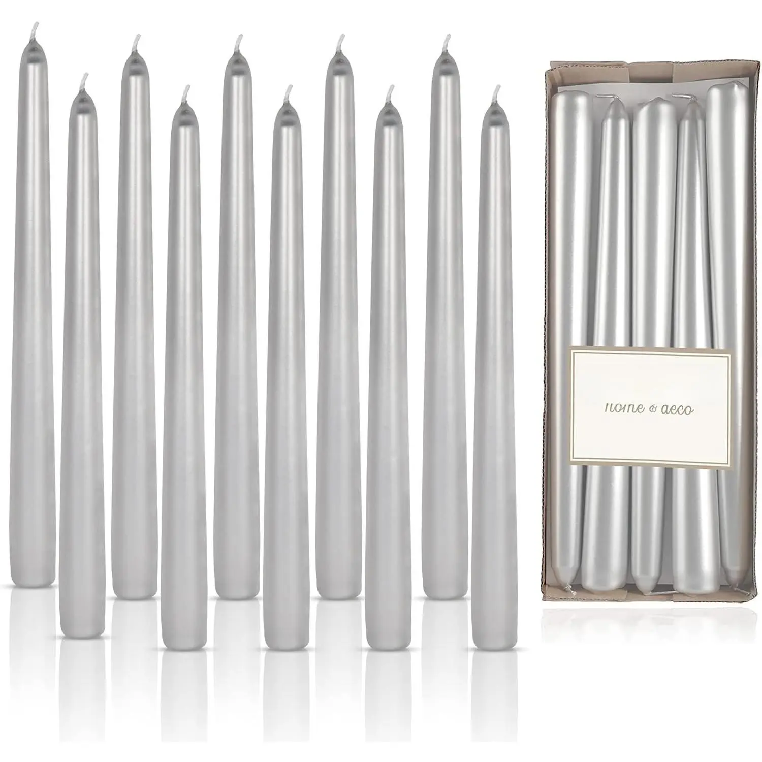 Stylish Modern Metallic Silver Synthetic Taper Candles, 10-Piece Unscented - 9-Hour Burn Time, Dripless - for Holiday Wedding Anniversary Birthday Centerpieces, Indoor Home Festive Decor