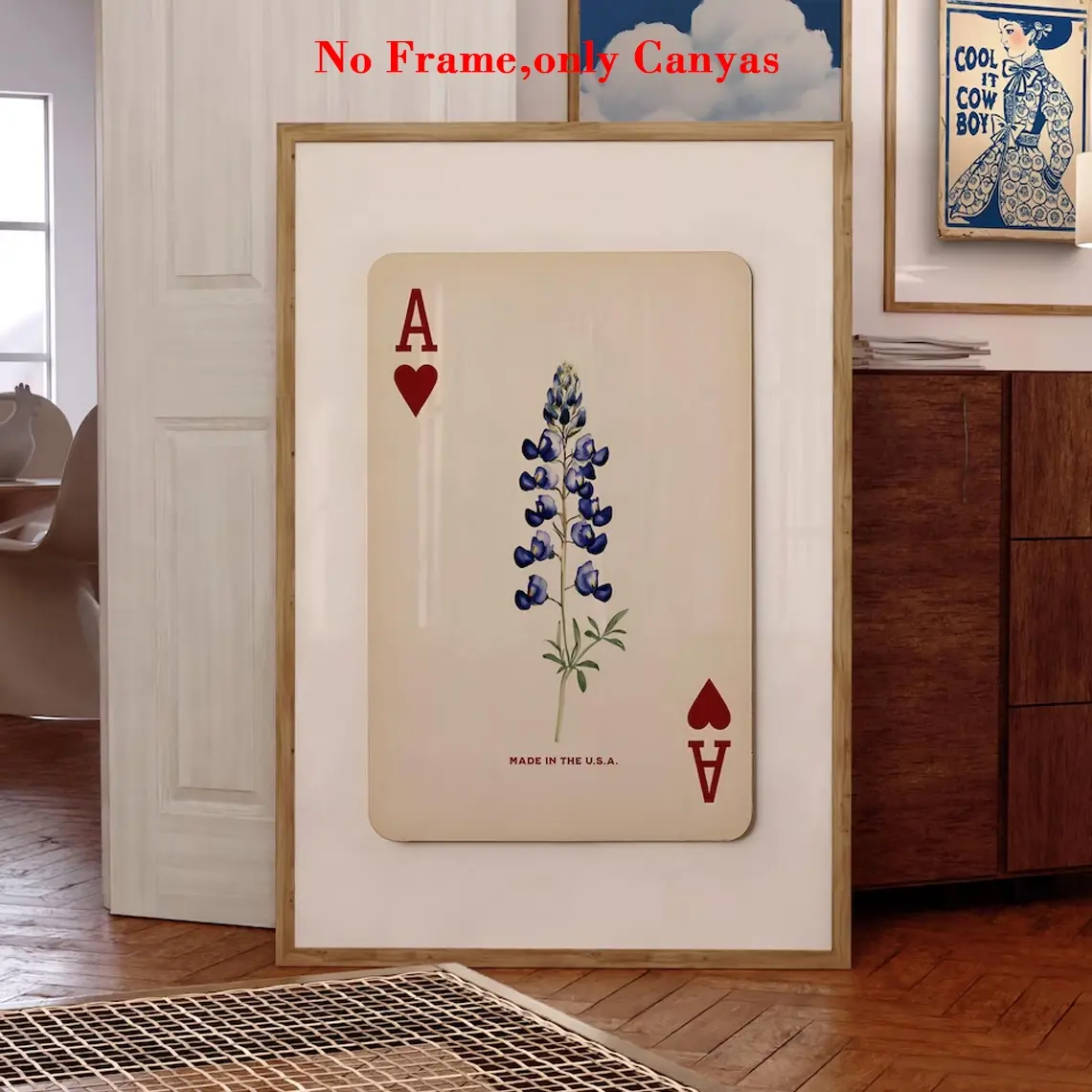 1pc, wall art, Retro poster, Floral Ace of Hearts Playing Card Printing, Texas Bluebonnet pattern, Southwestern Cowboy Print, Blue & White Art, for living room, bedroom decoration, housewarming gift, unframed