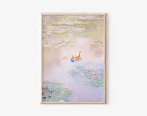 Monet Water Lily Pond Cat Poster, Monet Orange  Orange Cat Gift, Funny Cat Monet Floral Print