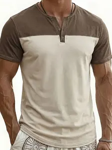 Men's Colorblock Henley Neck Short Sleeve T-Shirt, American Casual Style, Patchwork Design, Visible Stitching, Daily Wear