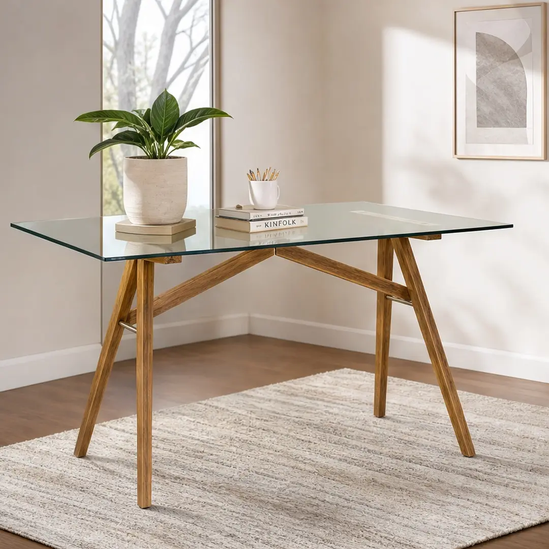 ARCH Modern Durable Computer Desk - Tempered Glass Tabletop, Acacia Wood Base, 27.60W x 51.20D x 30.00H in, 62.61 lb, Assembly Required, Wood+Glass Commercial Office Furniture for Home Office, Conference Room, Natural Color, Office Inspo, Inspires Creativ