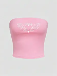 SAMPLEI Casual Women Heart Rhinestone Pattern Bandeau Crop Top