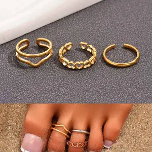 3Pcs/Set Filled Stainless Steel Smooth Toe Rings  for Women Plating14K Gold Adjustable Simple Silver Ring Summer Beach Jewelry