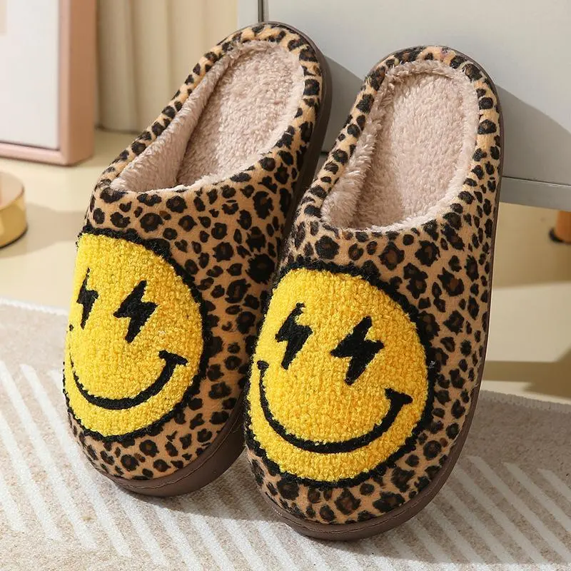 Women's Leopard Print Winter Slip-On Slippers, 22.1-23.0 cm Animal Print Lightning Smile Face Fluffy Fur Indoor Anti-Slip Cotton Slides (Stress Relief Toy)