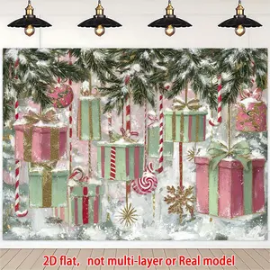 2D Flat, 1pc Extra Large Winter Snowflakes & Candy Canes Party Banner with Pastel Pink & Golden Balloons - 2D Flat Christmas Backdrop with Gift Boxes & Snowy Branches - All-Season Pastel Winter Theme Wall Decorations for Birthdays White