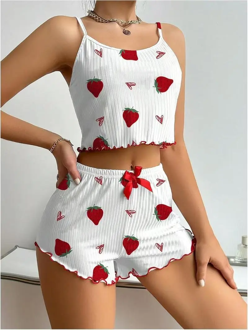 Women's Cherry Print 2-Piece Pyjamas Set - Spaghetti Strap Cami, Ruffled Shorts, Soft Stretch Knit Loungewear for Summer, Cute 2-Piece Sets for Cozy Lounging