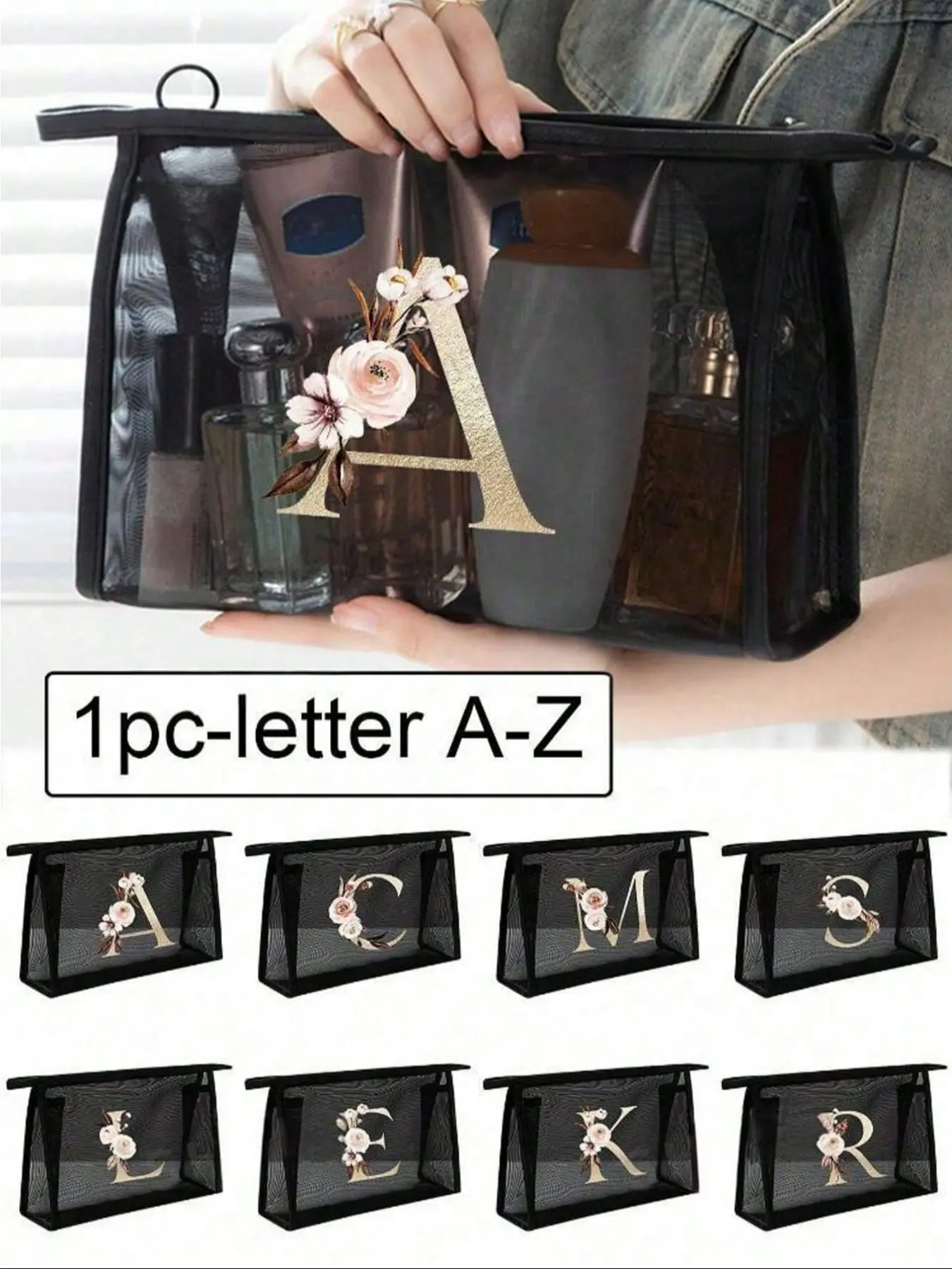 Mesh Bag with Creative Floral Letters A-Z, Transparent Cosmetic Storage Bag, Large Capacity Travel Pouch, Multi-Functional Organizer, Makeup Organizer Pouch, Travel Cosmetic Bags, Cosmetics Organizer