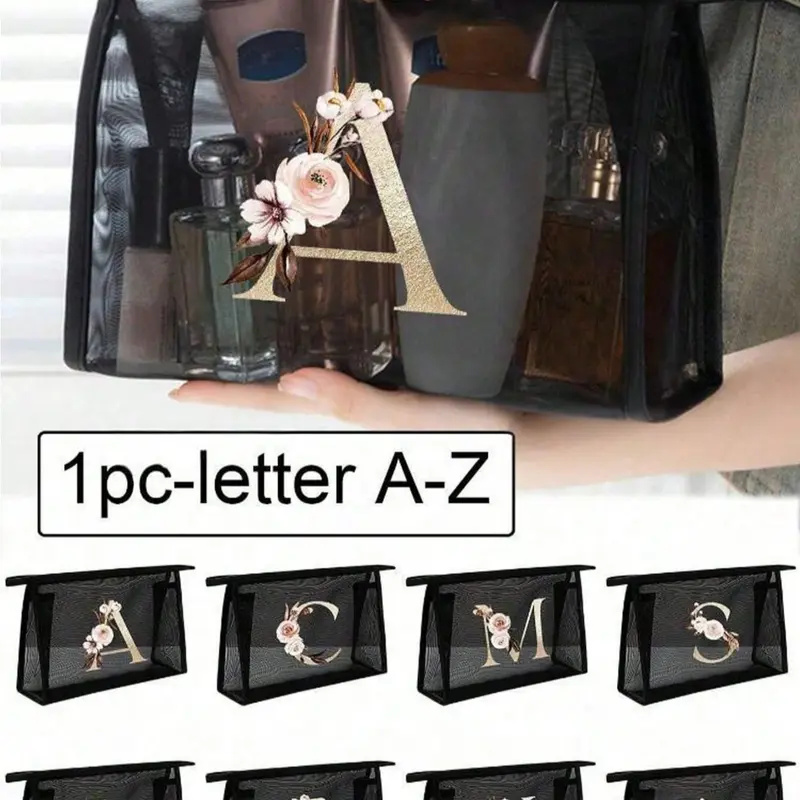 Mesh Bag with Creative Floral Letters A-Z, Transparent Cosmetic Storage Bag, Large Capacity Travel Pouch, Multi-Functional Organizer, Makeup Organizer Pouch, Travel Cosmetic Bags, Cosmetics Organizer