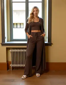 Cozy Three-Piece Pajamas Loungewear for Women, Ribbed Home Fabric Featuring a Long-Sleeve Cardigan, a Sleeveless Top, And Comfortable Pants, Perfect for Casual Sleepwear And Relaxing, Womenswear, Breathable