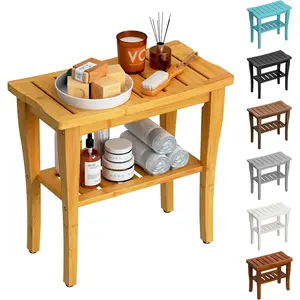 Bamboo Shower Bench Stool with Storage Shelf Waterproof Shower Chair Spa Bath Seat for Inside Shower Bathroom Bench for Adults Elderly Seniors Indoor Outdoor Use