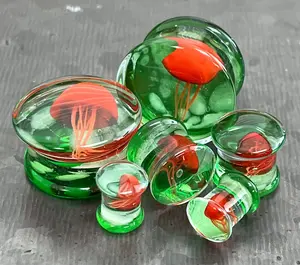 PAIR of Unique Glow in the Dark Floating Red & Green Jellyfish Pyrex Glass Double Flare Plugs - Gauges 0g (8mm) through 1" (25mm)