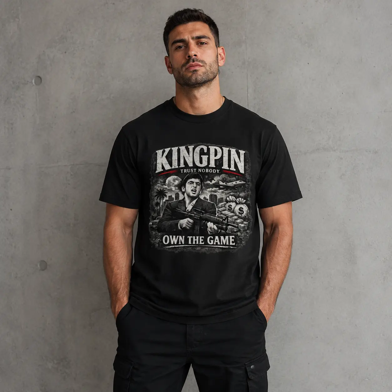 Men's Kingpin Own the Game Distressed Graphic T-Shirt - Menswear Short-Sleeve Round Neck Tee, Vintage Crime Boss Money & City Print, Bold Urban Streetwear Casual Gift, Shortsleeve